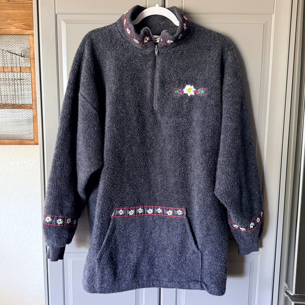 Art Unlimited Sportswear VTG Floral Embroidered Fleece 1/4 Zip Pullover,Gray, XL